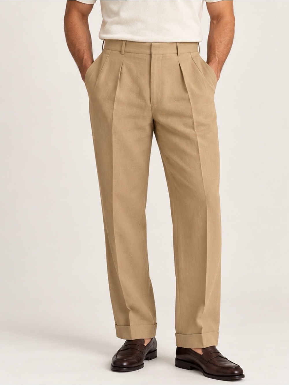 Polo by Ralph Lauren Men’s Size 36 x 33 Tan Linen Silk Pleated Cuffed Trouser